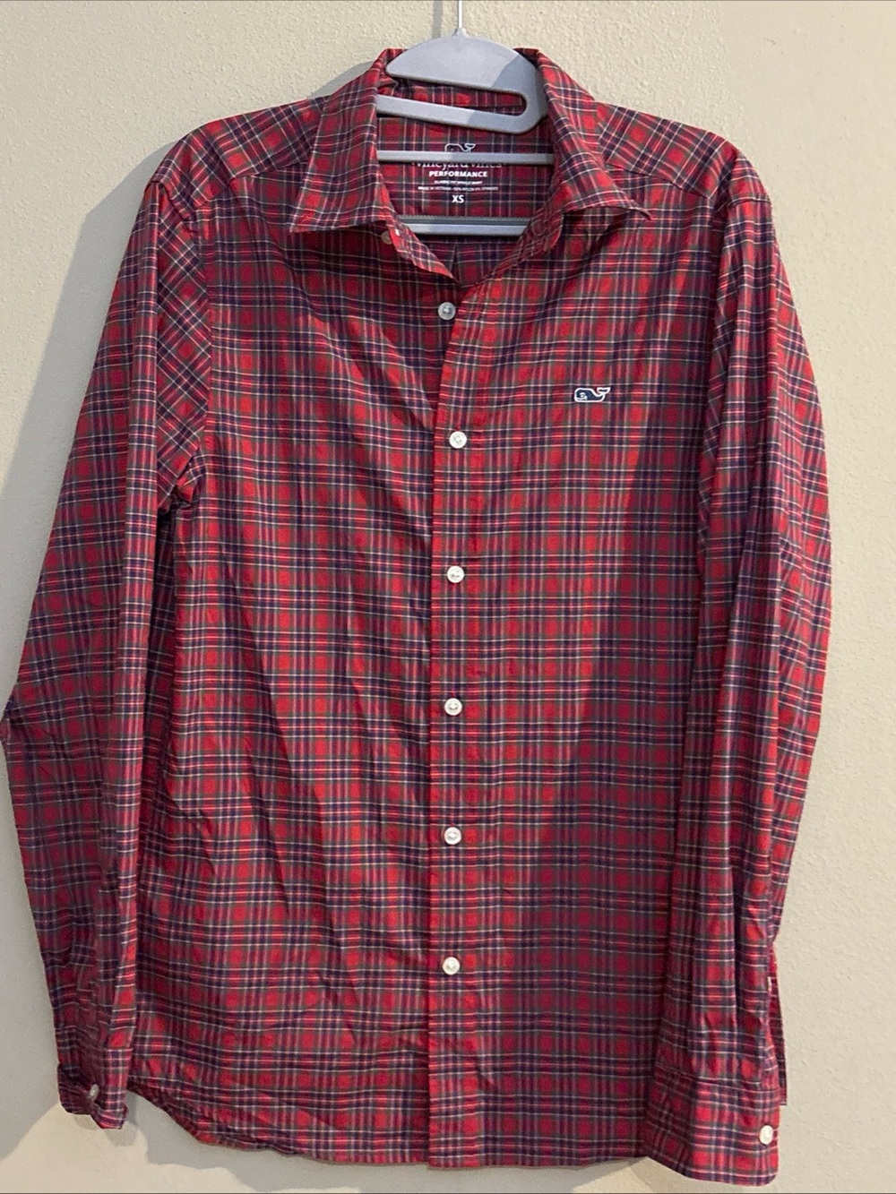 Vineyard Vines Performance Red Tartan Plaid Classic Fit Whale Shirt Men’s XS